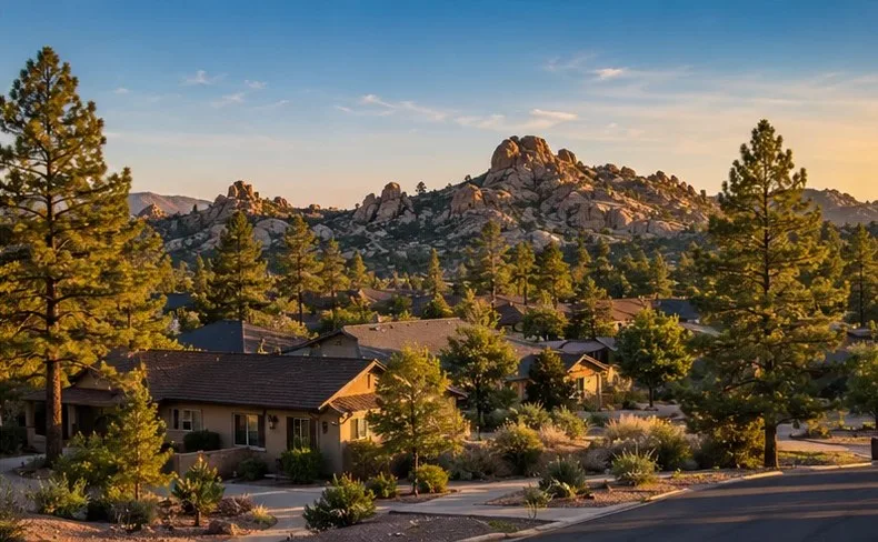 Prescott, Arizona neighborhood of single-story homes among ponderosa pines, with granite boulder formations behind at sunset