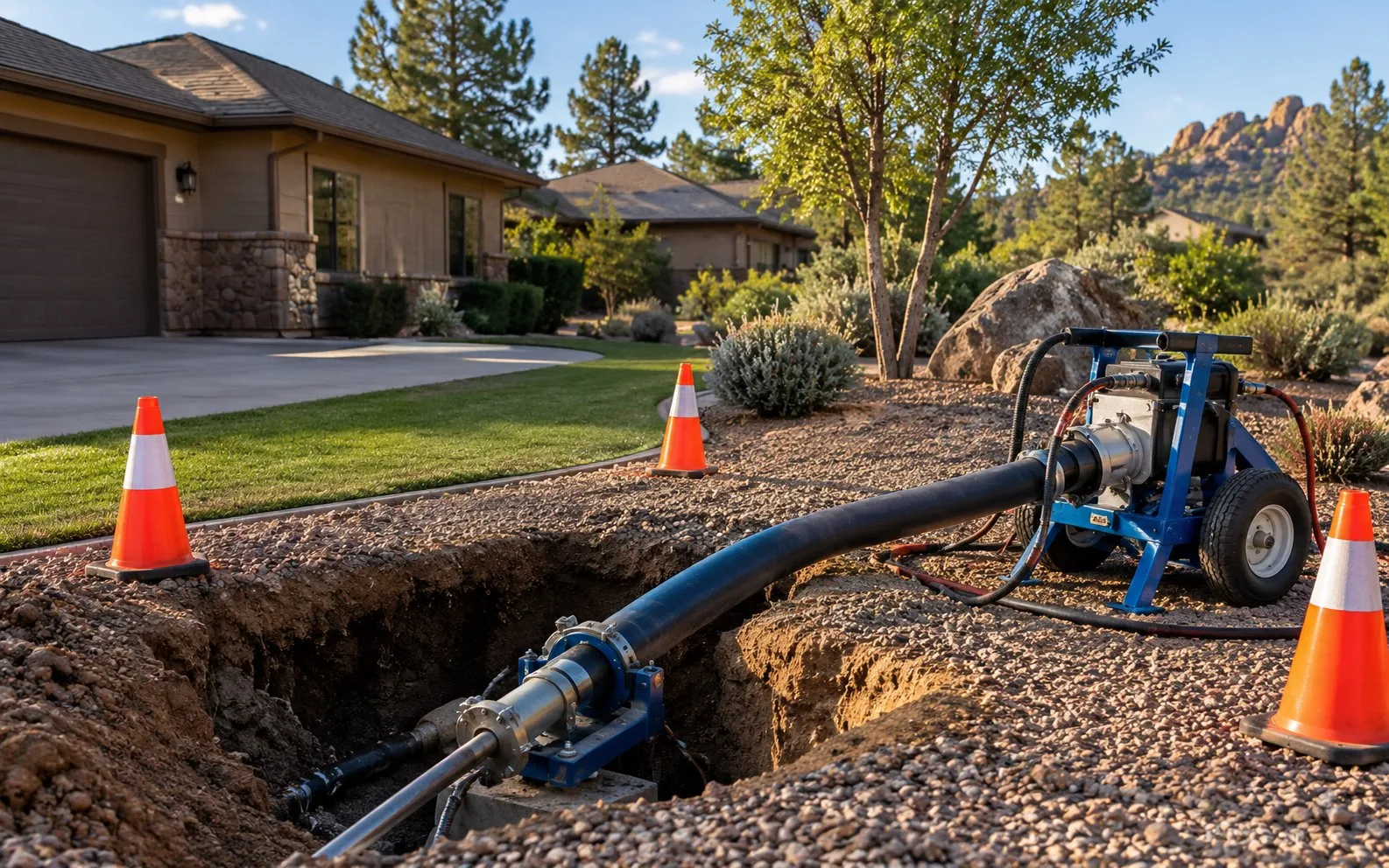 Small access pit in a front yard with pipe-bursting equipment pulling a new black HDPE sewer pipe